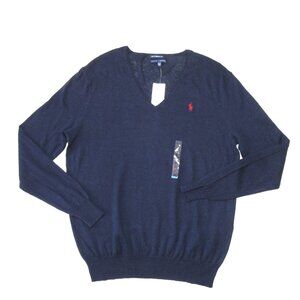 NWT Polo Ralph Lauren V-neck Boyfriend Fit in Navy Cotton Linen Sweater XL